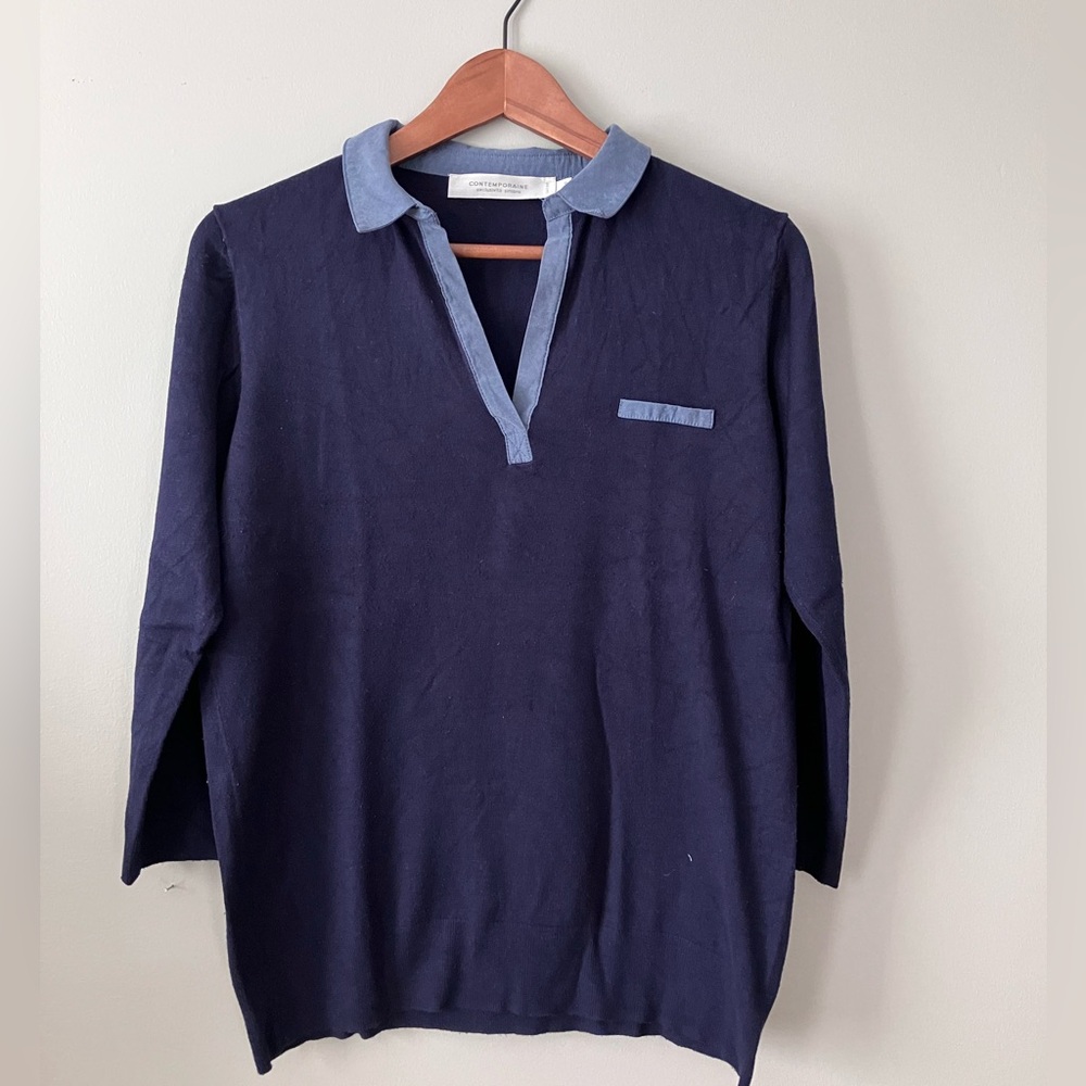Contemporaine Women's Navy 3/4 Sleeve Top with Light Blue Trim
